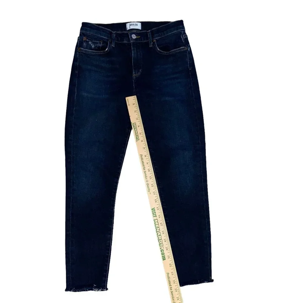 AGOLDE Sophie Dark Blue Wash Denim High Rise Raw Hem Crop Skinny Jeans Size 26 - Picture 8 of 11